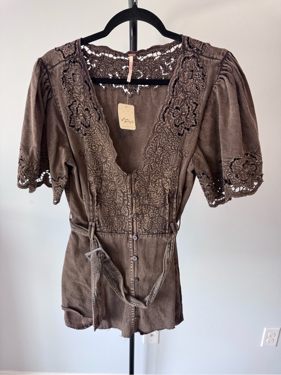 Free People Tops - Free People Brown Lace-Trim Button Front Blouse